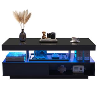 Table Basse Noire Haute Brillance 95x50x42,5 Cm, 4 Inserts En Verre, 2 Tiroirs