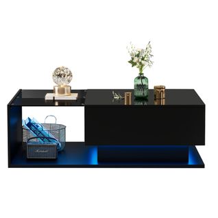Table Basse LED 100x50x32 Cm Noire Avec Plateau En Verre, Tiroir