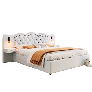 Lit Adulte 180x200 Cm Coffre De Rangement, Lampes LED, Chevets, Tiroirs, Ports USB, Lin Beige