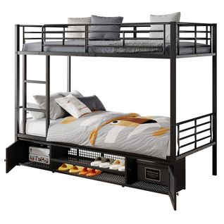 Lit Superposé Enfant 90x200 Cm En Métal Noir Avec Étagère à Chaussures Et 2 Portes