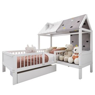 Lit Cabane Enfant 90x200 Cm Bois Blanc Avec Rangements Et Sommier à Lattes