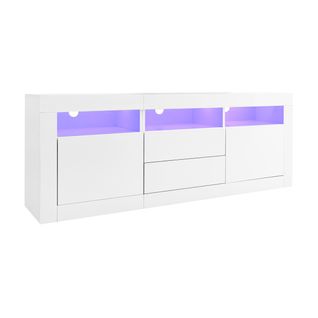 Meuble TV Blanc Laqué 160x35x60 Cm Buffet Avec 3 Niches Ouvertes, 2 Portes Et 2 Tiroirs