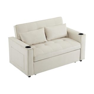 Canapé Convertible 2 Places Velours Beige, Dossier Réglable Avec Porte-gobelets Et 2 Coussins
