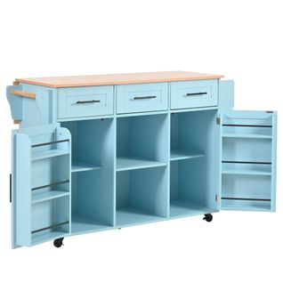 Desserte De Cuisine Bleu, Plan Rabattable, 3 Tiroirs, 2 Portes, Étagères Réglables, Roulettes/pieds