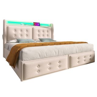 Lit Adulte 180x200 Avec 4 Tiroirs, Éclairage LED Et Ports USB/type-c, Coton Et Lin Beige