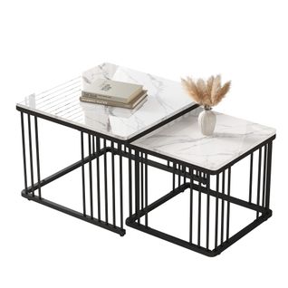 Tables Basses Gigognes Blanches 60×60×45 et 45×45×40 Cm, Finition Marbre Brillante, Pieds Réglables