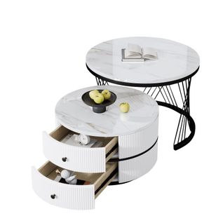 Tables Basses Gigognes Rondes 2 Pièces 60 et 50 Cm Blanc, Effet Marbre Brillant, 2 Tiroirs