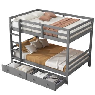 Lit Superposé 140x200 Cm En Pin Gris Avec 2 Tiroirs De Rangement Et Hautes Barrières De Sécurité