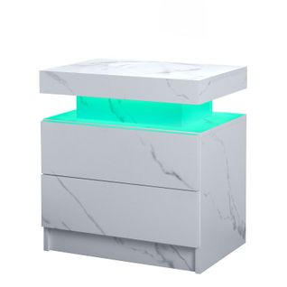 Table De Chevet LED Multicolore 2 Tiroirs Bois Blanc Mat
