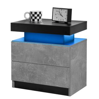 Table De Chevet Gris En Bois Avec Éclairage LED Multicolore Réglable Et 2 Tiroirs
