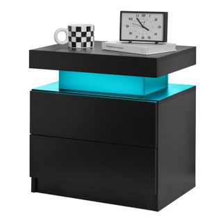 Table De Chevet LED Noire En Bois Avec 2 Tiroirs Et Rangement Ouvert