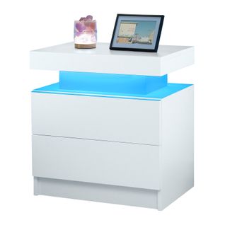 Table De Chevet LED Multicolore Avec 2 Tiroirs, Bois Blanc