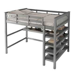 Lit Mezzanine Adulte 140x200 Cm En Pin Gris Avec Bureau Intégré Et Rangements