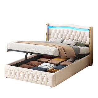 Lit Double Coffre 140x200 Cm En Velours, Lit Adulte Avec LED, Rangement Et Sommier, Beige