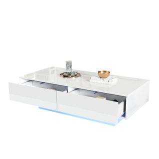 Table Basse 115 X 55 X 34 Cm Blanc Laqué, 2 Tiroirs, Éclairage LED