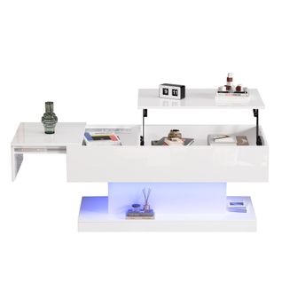 Table Basse Blanche Laqué LED 100x50x45 Cm, Plateau Relevable Et Coulissant Avec Rangements