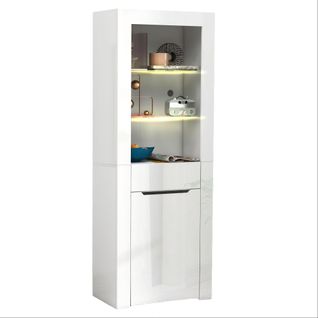 Vitrine LED 60x35,5x165 Cm Blanc Laqué Avec 1 Porte, 1 Tiroir Et 2 Étagères