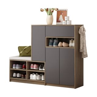 Meuble à Chaussures 140 X 35 X 110 Cm Gris Avec Banc, Rangements Ouverts Et Étagères Réglables