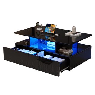 Table Basse LED Noire Laquée 90x55x41 Cm Avec 2 Tiroirs Et Éclairage