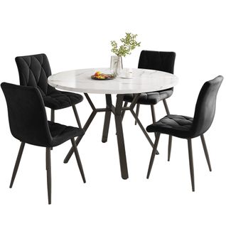 Ensemble Table à Manger Ronde 100 Cm Et 4 Chaises Velours, 5 Pièces, Métal Noir