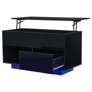 Table Basse Relevable Finition Laquée Noire LED 100x50x55 Cm, Tiroir Er Rangement Caché
