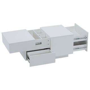 Table Basse 90x55x45 Cm, Plateau Coulissant, Avec 4 Tiroirs, Blanc Mat