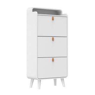 Meuble à Chaussures Étroit Avec 3 Portes Rabattables, Blanc, Pieds En Bois