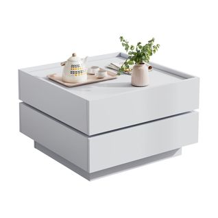 Table Basse Blanche Rotative Carrée 360° 60x60x38 Cm, 2 Niveaux Avec 2 Tiroirs