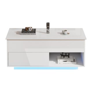 Table Basse Relevable Finition Laquée Blanche LED 100x50x55 Cm, Tiroir Er Rangement Caché