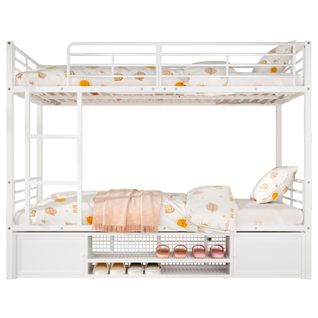 Lit Superposé Enfant 90x200 Cm Métal Blanc Avec Rangement Chaussures Et 2 Portes