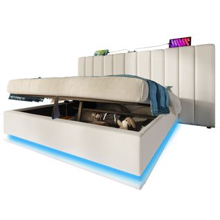 Lit Adulte 160x200 Cm Avec Rangement Hydraulique, LED, Ports USB Et Type-c, Pu Blanc