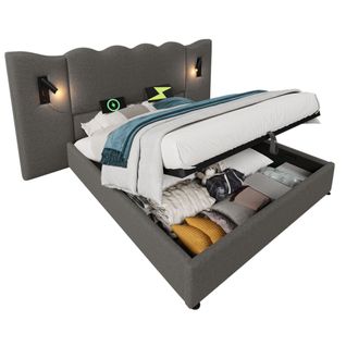 Lit Adulte 160x200 Cm Avec Rangement Hydraulique, Lampes LED Et Ports USB/type-c, Lin Gris