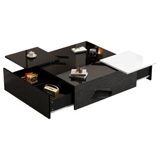 Table Basse 75x75x33,5 Cm Laquée Noir Et Blanc Avec 4 Tiroirs Et Plateaux Coulissants