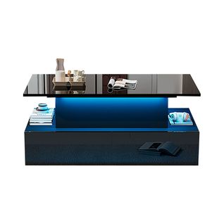 Table Basse LED 90x55x41 Cm, 4 Tiroirs, Rangement Secret, Noir Laqué