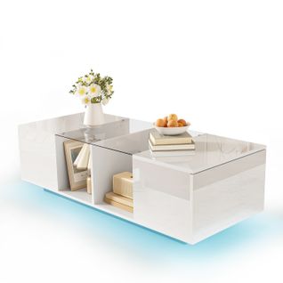 Table Basse 120 X 50 X 38,5 Cm Blanche Avec Plateau En Verre Et Éclairage LED