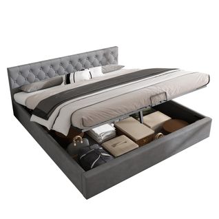 Lit Adulte 180x200 Cm Velours Gris Avec Coffre De Rangement Et Sommier à Lattes