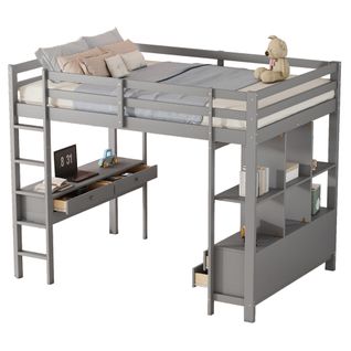 Lit Mezzanine Adulte 140x200 Cm En Pin Gris Avec Bureau Intégré Et 6 Tiroirs De Rangement