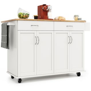 Desserte Blanche Mobile, Îlot De Cuisine Rabattable Avec Plateau Bois, 2 Tiroirs Et 4 Portes