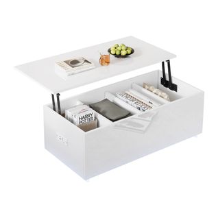 Table Basse Relevable Blanche, Éclairage LED, Avec Rangements Et 2 Ports USB