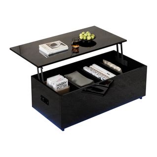 Table Basse Relevable Noir, Éclairage LED, Avec Rangements Et 2 Ports USB