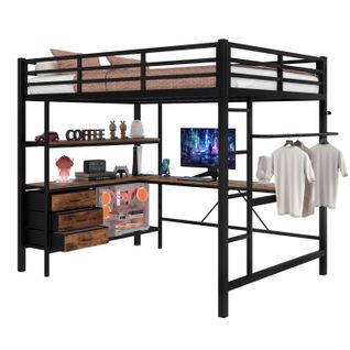 Lit Mezzanine Adulte 140x200 Cm Avec Bureau Intégré, Éclairage LED, 3 Tiroirs, Métal Noir