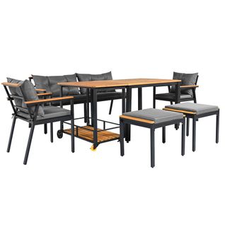 Salon De Jardin Table Et Chaises 6 Places Avec Desserte, Bois Et Tissu Gris/noir