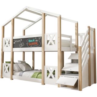 Lit Superposé Enfant 90x200 Cm Bois Blanc Et Naturel Avec Escalier De Rangement, Style Cabane