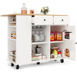Desserte De Cuisine à Roulette Blanc Métal, Plateau Effet Bois, Avec Porte‑verres Et Rangements