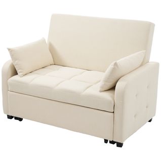 Canapé Convertible 2 Places 110x180 Cm En Lin Beige, Dossier Réglable, 2 Coussins