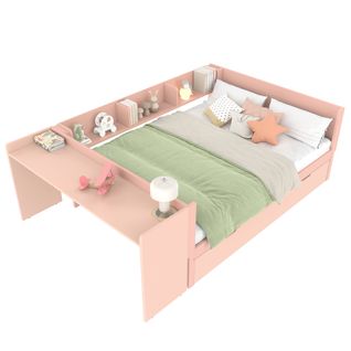 Lit Enfant 140x200 Cm Avec Lit Gigogne 90x190 Cm En Bois De Pin Rose, Bureau Intégré Et Rangements