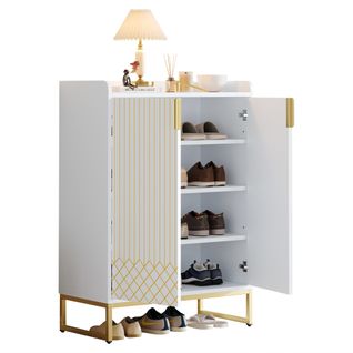 Meuble à Chaussures 75x37x105 Cm Blanc Avec 4 Étagères, Pieds Métal Doré