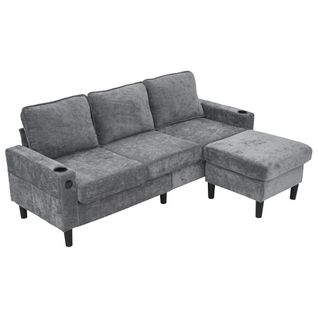 Canapé D'angle 3 Places En Lin Gris Avec Ports USB/type-c, 2 Porte-gobelets Et Pouf