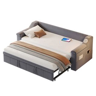 Lit Enfant Gigogne 90x190 Cm Convertible En 180x190, Velours Gris, Ports USB Et Sommier à Lattes