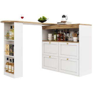 Table De Bar Blanche Pivotante 105×39×102 Cm, 4 Tiroirs Et Étagères Ouvertes, Rangement